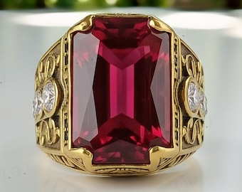 Rubin Herrenring 925er Silber Achteck-Form-Ring.