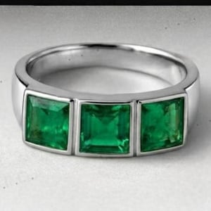 Emerald Octagon Three Gemstone Ring, 925 zilveren herenring.