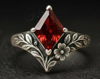Garnet Kite Shape Ring 925 Silver Ring.