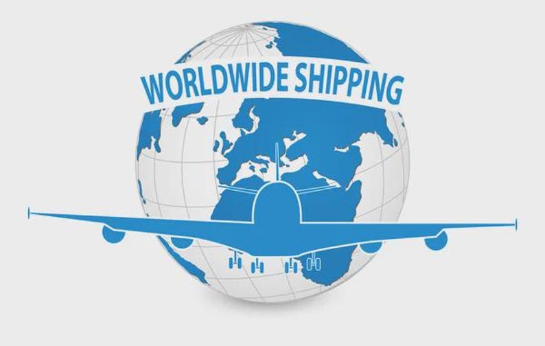 K&ouml;nnte beinhalten: Eine blau-wei&szlig;e Grafik mit einem Globus mit blauen Kontinenten, einer Flugzeugsilhouette und dem Text "WORLDWIDE SHIPPING" in Blau. Das Bild befindet sich auf einem hellgrauen Hintergrund.