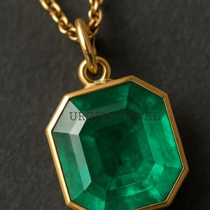 May include: A gold necklace with a large, emerald-cut green gemstone pendant. The pendant is set in a gold frame and hangs from a delicate gold chain. The text "URGE JEWEL" is visible on the pendant.