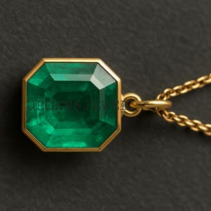 May include: A gold necklace featuring a large, emerald-cut green gemstone pendant. The pendant is set in a gold bezel and hangs from a delicate gold chain. The gemstone has a faceted surface, reflecting light. The necklace is displayed against a dark background.