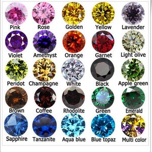 May include: A grid of twenty-four gemstones in a variety of colours, including pink, yellow, green, and blue. Each gemstone is round and faceted, with the colour name displayed below each stone. Colours include Pink, Rose, Golden, Yellow, Lavender, Violet, Amethyst, Orange, Garnet, Light olive.