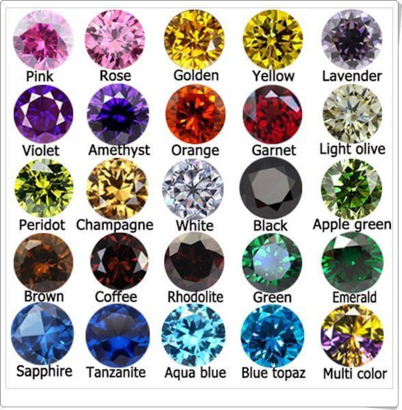 May include: A grid of twenty-four gemstones in a variety of colours, including pink, yellow, green, and blue. Each gemstone is round and faceted, with the colour name displayed below each stone. Colours include Pink, Rose, Golden, Yellow, Lavender, Violet, Amethyst, Orange, Garnet, Light olive.