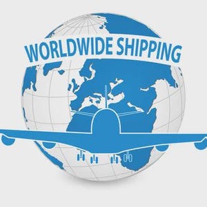 May include: A blue and white graphic featuring a globe with continents in blue, an airplane silhouette, and the text "WORLDWIDE SHIPPING" in blue. The image is on a light grey background.