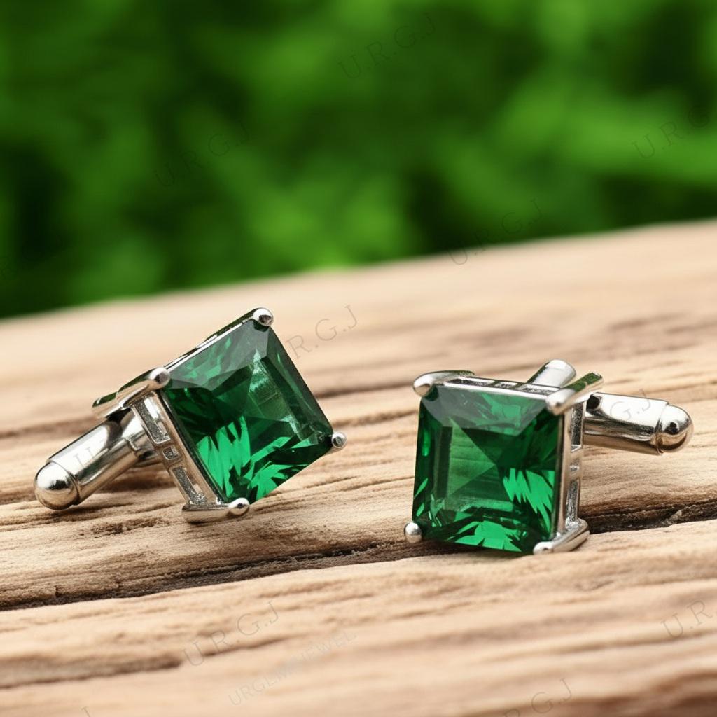 Emerald Sterling Silver Cufflinks, Handmade May Birthstone Gift