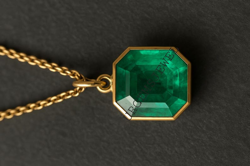 May include: A gold pendant necklace featuring a large, emerald-cut, vivid green gemstone. The gemstone is set in a gold bezel and hangs from a delicate gold chain. The background is a dark gray.