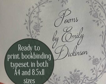 Typeset of Emily Dickinson poems for bookbinding - 8.5x11 and A4 sizes PDF digital download