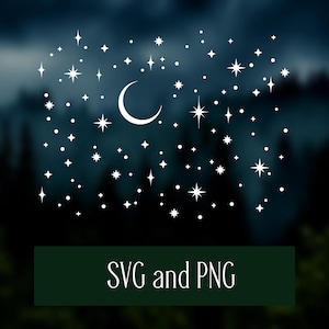 Pode incluir: Design celeste branco com uma lua crescente e inúmeras estrelas de vários tamanhos. O design inclui o texto "SVG and PNG" em um fundo retangular verde escuro, em um fundo azul escuro desfocado.