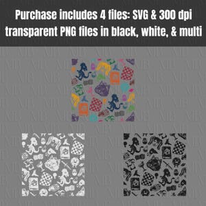 May include: A digital pattern design featuring repeating illustrations of cats, dragons, skulls, books with anarchy symbols, and playing cards. The design is presented in three variations: a multi-colored version, a solid white version, and a solid black version.