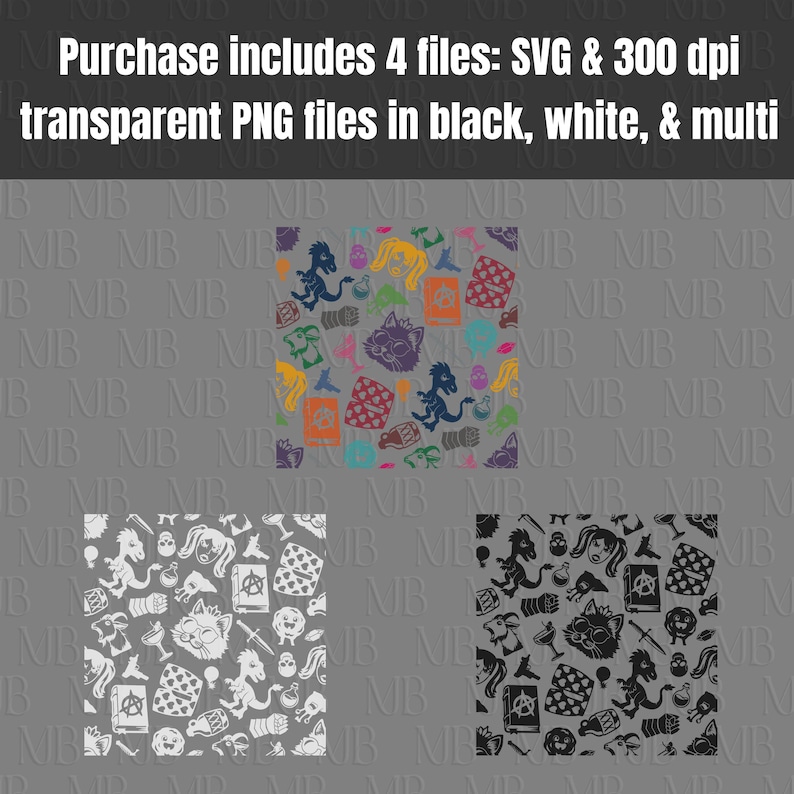 May include: A digital pattern design featuring repeating illustrations of cats, dragons, skulls, books with anarchy symbols, and playing cards. The design is presented in three variations: a multi-colored version, a solid white version, and a solid black version.