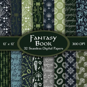 Pode incluir: Uma coleção de 32 papéis digitais sem costura intitulada Fantasy Book, com padrões de árvores, espadas, anéis e escrita élfica em tons de verde escuro, azul marinho e branco. A imagem exibe dimensões de 12x12 polegadas e 300 DPI.
