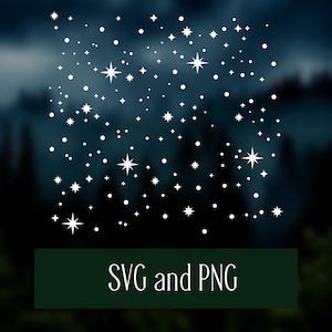 May include: White star and dot cluster design on a dark background. The design includes various sizes of stars and dots, creating a celestial effect. The text "SVG and PNG" is displayed on a dark green rectangular banner at the bottom.