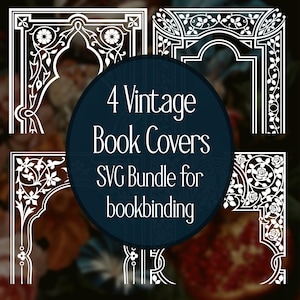 May include: Four white vintage book cover designs with floral and geometric patterns. The designs surround a dark blue circle with the text "4 Vintage Book Covers SVG Bundle for bookbinding".