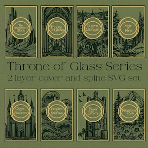 Peut inclure: Ensemble de couvertures de livres de la série "Throne of Glass" en vert et or. Chaque couverture présente des illustrations détaillées et des titres dans des cadres circulaires. Le texte "Throne of Glass Series" est également visible.
