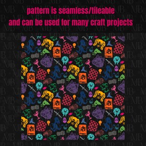 May include: A seamless, tileable digital pattern featuring a repeating array of colorful icons on a black background, including orange books with anarchy symbols, purple cat faces, yellow-haired figures, daggers, skulls, and various potions.