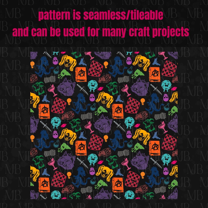 May include: A seamless, tileable digital pattern featuring a repeating array of colorful icons on a black background, including orange books with anarchy symbols, purple cat faces, yellow-haired figures, daggers, skulls, and various potions.