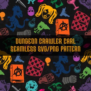 May include: A seamless pattern featuring colorful icons on a black background, including blue dinosaurs, orange books with anarchy symbols, red heart-patterned boxes, and yellow faces. Text reads: DUNGEON CRAWLER CARL SEAMLESS SVG/PNG PATTERN.