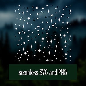 Może przedstawiać: Bezszwowy wzór białych gwiazd i kropek na ciemnym tle. Projekt zawiera gwiazdy i kropki w różnych rozmiarach. Tekst "seamless SVG and PNG" jest wyświetlany na dole.