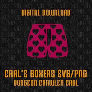 Può includere: Un'immagine digitale di boxer rosa con un motivo ripetuto di cuori neri. Il testo recita DIGITAL DOWNLOAD, CARL'S BOXERS SVG/PNG e DUNGEON CRAWLER CARL in caratteri arancioni su uno sfondo scuro con una filigrana ripetuta MB.