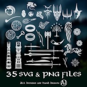 May include: A collection of 35 white digital graphic icons featuring fantasy-themed silhouettes including swords, a ring, a tree, horses, towers, and various symbols. The text at the bottom reads 35 SVG & PNG FILES and ALL DESIGNS ARE HAND DRAWN.