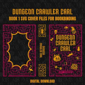 Può includere: Un set di file digitali per la rilegatura con il design della copertina di Dungeon Crawler Carl Book 1. Il layout include un motivo a labirinto in rosa e giallo, con icone di gatto, teschio, brocca e manubrio, oltre al titolo in giallo.