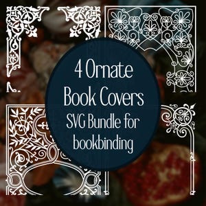 Peut inclure: Quatre motifs de couverture de livre ornés blancs, avec des motifs floraux et de volutes. Le texte indique "4 Couvertures de livres ornées Bundle SVG pour la reliure."