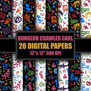 Può includere: Una collezione di 20 carte digitali con motivi Dungeon Crawler Carl, caratterizzate da icone colorate come gatti, dinosauri, squali e cani su sfondi bianchi e neri. Il testo recita Dungeon Crawler Carl 20 Digital Papers 12"x 12" 300 DPI.