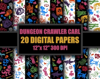 May include: A collection of 20 digital papers featuring Dungeon Crawler Carl themed patterns with colorful icons like cats, dinosaurs, sharks, and dogs on black and white backgrounds. The text reads Dungeon Crawler Carl 20 Digital Papers 12"x 12" 300 DPI.