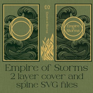 Könnte beinhalten: Digitales Design für das Buchcover und den Buchrücken von "Empire of Storms". Das Design zeigt einen grünen Hintergrund mit Wellenmustern und goldenen Akzenten. Der Text enthält den Titel, den Namen des Autors und "2 layer cover and spine SVG files."