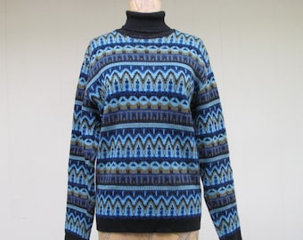 Vintage 1960s Nordic Wool Ski Sweater, 60s Blue Fair Isle Knit Turtleneck, Medium 40" Bust