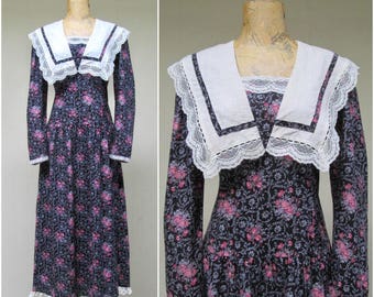 Vintage GUNNE SAX Dress / 80s Jessica McClintock Cotton Floral Print Dress / Medium