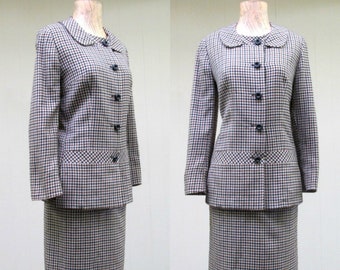 Vintage 1950s Houndstooth Suit, 50s Tailored Wool Skirt Suit, Jacket and Pencil Skirt Set, Summer Weight Wool Suit, Small-Medium