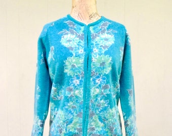 Vintage 1960s Floral Lambs Wool Angora Sweater, Mid-Century Diana Turquoise Cardigan, Medium