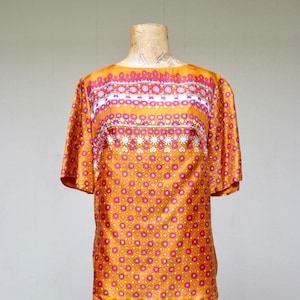 Vintage 1960s Orange Indian Print Rayon Blouse, 60s Alex Colman Short Sleeve Back Button Top, Medium 38 Bust, VFG image 1