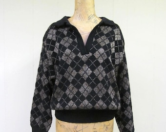 Vintage 1980s Argyle Sweater, 80s Black Metallic Gold Glam Pullover, 80s Slouchy Knit Made in Italy for Bullocks Wilshire, Medium, VFG