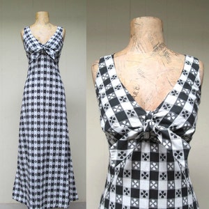 Vintage 1970s Gingham Maxi Dress, 70s Black/White Checkered Tablecloth Print Empire Sun Dress, Medium image 1