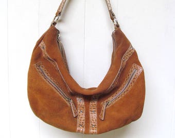 Vintage 1990s Brown Suede Purse, 90s Slouchy Caramel Stamped Leather Purse, Hobo Bag, Boho Festival Bag, Made in Italy