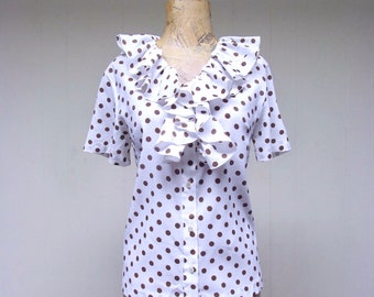 Vintage 1960s Polkadot Blouse, White Nylon Crepe with Ruffled Collar, Bombshell Rockabilly Top, Medium 38" Bust, VFG