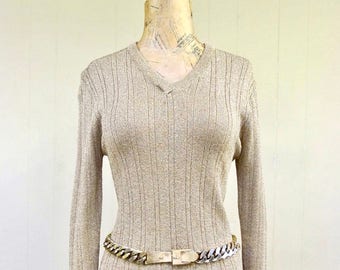 Vintage 1970s Gold Lurex Sweater, 70s Ribbed Metallic V Neck Knit Pullover, Made in Italy for Bonwit Teller, Medium, VFG