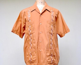 Vintage 1980s Mens Brown Embroidered Guayabera Shirt, Traditional Short Sleeve Casual Shirt, Extra Large 50" Chest, VFG