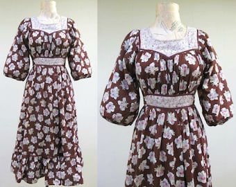 Vintage 1970s Brown Floral Cotton Day Dress, 70s Laurel Canyon Daisy Jones Boho Dress, Cottagecore Peasant Dress, Small, VFG