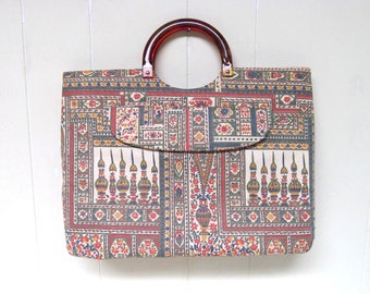 Vintage 1960s Tote, 60s India Print Fabric Bag, 60s Market Bag, Plastic Handle Handbag, VFG