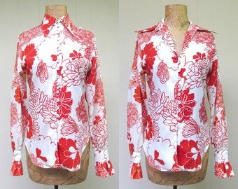 Vintage 1970s Boho Floral Blouse, 70s Ivory Orange Crepe Evan-Picone Top, Small to Medium 36" Bust, VFG