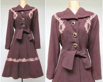 Vintage 1940s Princess Coat, 40s Brown Wool Crepe with Soutache Trim, Fit n Flare Overcoat, 40s Outerwear, Small-Medium 36" Bust, VFG