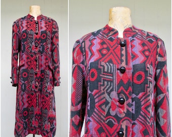 Vintage 1960s Tapestry Coat, 60s Biba-Style Outerwear, Red Black Woven Geometric Pattern, A Line Mandarin Collar, Medium, VFG