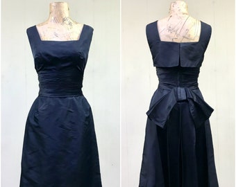 Vintage 1960s Black Peau de Soie Cocktail Dress, Ruth McCullough LBD, Sleeveless Special Occasion Frock w/Giant Bow, Small 34" Bust, VFG