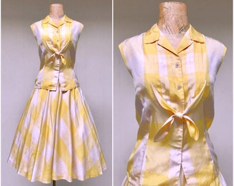 Vintage 1950s Silk Circle Skirt and Blouse Set, 50s Yellow White Plaid Shirtwaist Rockabilly Picnic Outfit, Small, VFG