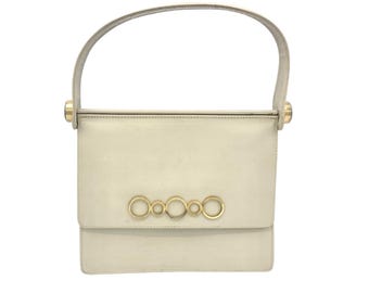 Vintage 1960s Chic Beige Leather Handbag, Boxy Mid-Century Top Handle Purse Made in Italy, VFG