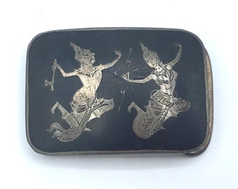 Vintage 1940s Siam Sterling Silver Niello Belt Buckle, Alex Co. Buddhist Gods Mekhala and Ramasoon, Thai Mythology, VFG